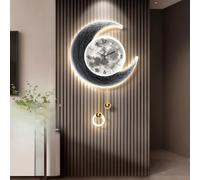 Modern Wall Clock Moon with LED Light, Crescent Design Silent Non-Ticking Clock with Hanging Pendants for Living Room, Bedroom, or Hallway(Gray,M:26.8"x15.8")