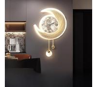 Modern Wall Clock Moon with LED Light, Crescent Design Silent Non-Ticking Clock with Hanging Pendants for Living Room, Bedroom, or Hallway(Gold,M:26.8"x15.8")