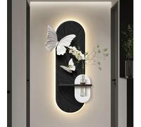 Modern Wall Clock Porch Decoration Painting, Sandstone Three - Dimensional 3d Art Wall Decor, Corridor Opposite Door Light Paintings, 3d Wall Art with Vase(Black,15.7x31.5)