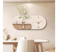 Modern Wall Clock with Shelf and Artificial Plants, Silent Decorative for Living Room, Kitchen, Office or Entryway(Brown,X-L:35.4"x14.2")