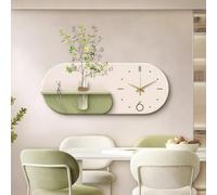 Modern Wall Clock with Shelf and Artificial Plants, Silent Decorative for Living Room, Kitchen, Office or Entryway(Green,X-L:35.4"x14.2")