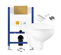 Modern Wall Hung Toilet Set with Low-Height Concealed Cistern, Ultra-Slim Soft Close Seat & Gold Flush Plate