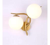 Modern Wall Light Fixture - 2 Glass Shades, E27 Double Head Sconce for Loft, Corridor, Hotel & Bedroom, 12W LED Warm Light, Elegant Gold Finish, Black Left
