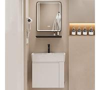 Modern Wall-Mount Bathroom Vanity Set with White Ceramic Sink LED Lighted Defog Mirror and Storage Shelf - Compact 60cm Wood Cabinet with Square Mirror & Left Cabinet