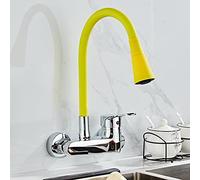 Modern Wall Mounted Kitchen Sink Mixer Tap with 360 Degree Swivel Flexible Hose and Double Holes Stylish Wall Kitchen Faucet (Yellow) LWX