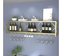 Modern Wall Mounted Wine Rack with Glass Holder 2 Tier Home Wine Storage Cabinet Stylish Kitchen Bar Decor Gold/Black Finish Perfect for Wine Lovers 150x25x45cm
