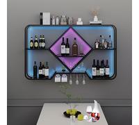 Modern Wall Mounted Wine Rack with LED Light Iron Bar Shelves & Glass Holder Stylish Multi-Functional Storage for Home Bar Kitchen & Restaurant (100x70x20cm Black)