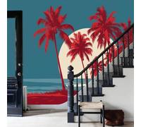 Modern Wall Mural Non-Woven Wallpaper,Retro Pop Landscape Feature Wall Covering for Living Room Bedroom Office,distressed palm tree Printed Wall Decor,Paste the Wall,368x254cm (Not Peel and Stick)