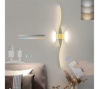 Modern Wall Sconces, LED Long Strip Wall Lamp Dimmable with Remote Control Wall Sconces Cordless Bedside USB Rechargeable Wall Lights Battery Powered Metal Minimalist Wall Lighting Curved Wave for Bed