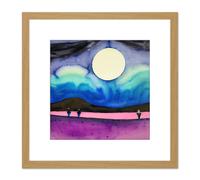 Modern Watercolour Night Harvest Moon Landscape Square Wooden Framed Wall Art Print Picture 8X8 Inch Artery8 Light Oak One Size