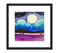 Modern Watercolour Night Harvest Moon Landscape Square Wooden Framed Wall Art Print Picture 8X8 Inch Artery8 Black One Size