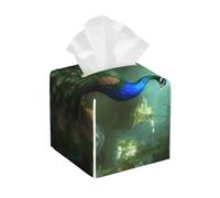 Modern Waterproof Square PU Leather Tissue Box Holder Peacock in Forest Face Paper Holder for Bathroom, Kitchen, Nightstand, Office, Home Decor