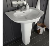 Modern White Bathroom Sink with Pedestal, 650x520x200mm, Overflow Drain, 45mm Waste, 35mm Faucet Hole - Upgrade Your Washbasin, Model 143001
