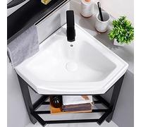 Modern White Ceramic Corner Bathroom Sink - Freestanding Rectangular Console Pedestal Wash Basin with Stainless Steel Legs & Black Storage Shelf - Stylish Porcelain Vessel for Laundry & Vani