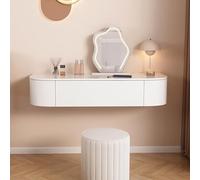 Modern White Corner Floating Vanity Set - Wall-Mounted Makeup Table with Drawers LED Lighted Mirror & Wood Storage Shelves for Small Bedroom Space Saving Furniture