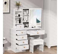 Modern White Dressing Table & Stool Set for Little Girls Vanity Desk with Sliding Mirror 6 Drawers & Shelves Stylish Makeup Table for Bedroom Decor