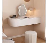 Modern White Floating Corner Vanity Set - Wall-Mounted Makeup Table with Drawers Lighted Mirror & Wood Storage Shelf for Small Bedrooms Compact Space Solutions.