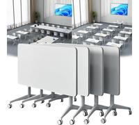 Modern White Folding Conference Table with Wheels, 180CM Mobile Training Table, Versatile Round Office Table for Meetings & Collaborative Work, 4-Person Capacity