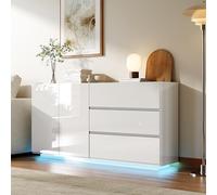 Modern White Glossy Sideboard with LED Lighting 3 Ders & 2 Doors 160 cm Wide Buffet Cabinet for Bedroom Dining Room Office Hallway - Dimeons: 160 x 35 x 76 cm