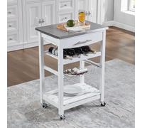 Modern White Kitchen Island Cart with Stainless Steel Top, Rolling Serving Trolley, Lockable Wheels, Slide-Out Wire Basket, Space-Saving Storage Solution