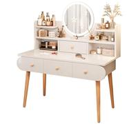 Modern White Makeup Vanity Table with Adjustable Brightness LED Mirror 4 Storage Drawers & Open Shelves Stylish Dressing Desk for Makeup Organization & Beauty Essentials