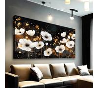 Modern White Poppies Canvas Wall Art for Bedroom Office Home Decor Black and Gold Floral Print Wall Decoration Large Living Room Decor Framed 24"x48" Ready to Hang