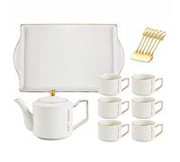 Modern White Porcelain Tea Set, 6-Cup Tea Service with Teapot, Tray & Teaspoons, Ideal for Tea & Coffee