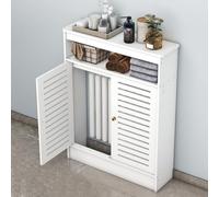 Modern White PVC Wood-Plastic Radiator Cabinet with Double Doors & 2 Shelves 90cm x 90cm x 25cm Stylish Bathroom Storage & Decorative Unit Space-Saving Solution