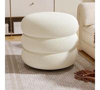Modern White Sherpa Round Boucle Ottoman Foot Stool - Soft Compact Padded Vanity Stool with Upholstered Footrest for Living Room & Bedroom (35x35x30cm)
