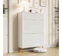 Modern White Shoe Cabinet 3-Drawer High Gloss Wood Storage with Gold Handles Stylish Organizer for Bedroom & Living Room Elegant Ribbed Design