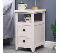 Modern White Solid Wood Nightstand with Double Drawers Slim Mini Night Table for Bedroom & Living Room - Retro Style Wooden Coffee Table.