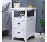 Modern White Solid Wood Nightstand with Double Drawers - Slim Mini Side Table for Bedroom and Living Room - Stylish Retro Wooden Coffee Table