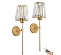 Modern Wireless Wall Sconces Battery Operated Wall Lights Set of 2, Not Hardwired USB Rechargeable Wall Lamps, Dimmable Clear Glass Lighting Fixture for Bathroom Bedroom Vanity Living Room Hallway(Gol