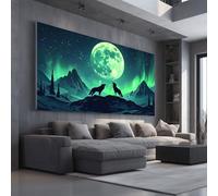 Modern Wolf Large Painting Art Northern Light Moon Frameless 60x120cm