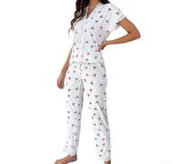 Modern Women Lace Trim Pajama Set featuring Short Sleeve Top with Long Pants in For Cherry Print for Seasonal Style (S White)