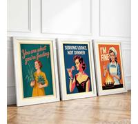 Modern Women Retro Portraits Retro Set of 3 Framed Wall Art Prints A3