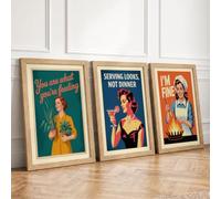 Modern Women Retro Portraits Retro Set of 3 Framed Wall Art Prints A4
