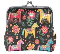 Modern Women's Cute Coin Purse Leather Kiss Lock Colorful Folk Art Horses Vibrant Floral Small Pouch Coin Wallet 4.53" x 4.13"