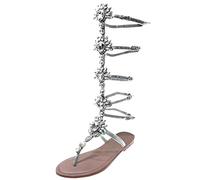 Modern Women's Sandals Flat Bottom Rhinestone Roman Pin Toe Wanderlust Comfortable Stylish, silver, 6 UK