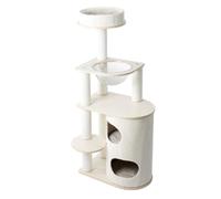 Modern Wood Cat Tree, Floor To Ceiling Kitty Tower, Plush Multi Level Kitten House Condos with Transparent Capsule, Entertainment Playground Furniture for Cats Kitten(136cm)