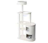 Modern Wood Cat Tree, Floor To Ceiling Kitty Tower, Plush Multi Level Kitten House Condos with Transparent Capsule, Entertainment Playground Furniture for Cats Kitten(149cm)