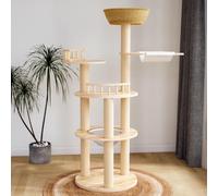 Modern Wood Cat Tree for Large Cats,Luxury Rattan Oak Cat Trees Towers，Rattan Cat Tree with Capsule &Hammock，3 Weaving Cat Nests & Washable, Sisal Scratching Posts, for Indoor Cats, (Large 02)