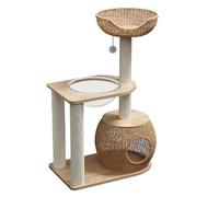 Modern Wood Cat Tree, Natural Solid Wood Scratching Post, Multi Level Platform with Sisal Grabbing Posts, Activity Center Play House for Indoor Cats