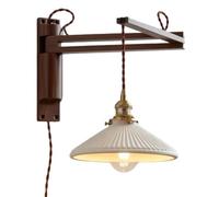Modern Wood Swing Arm Wall Sconce with White Pleated Ceramic Shade Adjustable Nordic Bedside Wall Lamp for Bedroom Reading Study 3 Color Temperatures 8.85 inch Shade Walnut Finish(Natural Wood Color)/