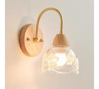 Modern Wood Wall Sconce Clear Glass Wall Light with Flower Pattern Finish, Nordic Hardwired Solid Wood Wall Lamp Retro Modern Home Deco Lighting Fixture for Bedroom Living Room