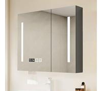Modern Wooden Bathroom Medicine Cabinet with Mirror & LED Lights, Anti-Fog Vanity Mirror with Storage, Wall-Mounted, Time Display, 3 Color Temperature Options