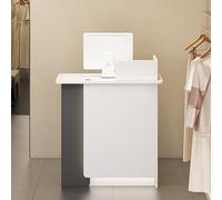 Modern Wooden Desk with LED Lights Lockable Drawer & Cabinet - Compact Corner Reception Counter for Office Retail and Customer Service