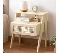 Modern Wooden Nightstand - Mid Century Accent Storage Cabinet Tall Rattan Design Sturdy Open Storage for Bedroom & Living Room (White-A)