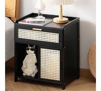 Modern Wooden Nightstand, Mid Century Rattan Accent Cabinet, Tall Storage Organizer for Bedroom & Living Room, Sturdy Wood Design, Black Finish - Stylish & Functional