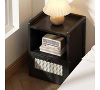 Modern Wooden Nightstand - Mid Century Storage Cabinet with Rattan Sturdy Wood for Bedroom & Living Room Stylish Tall Design (White 45x31x49cm)